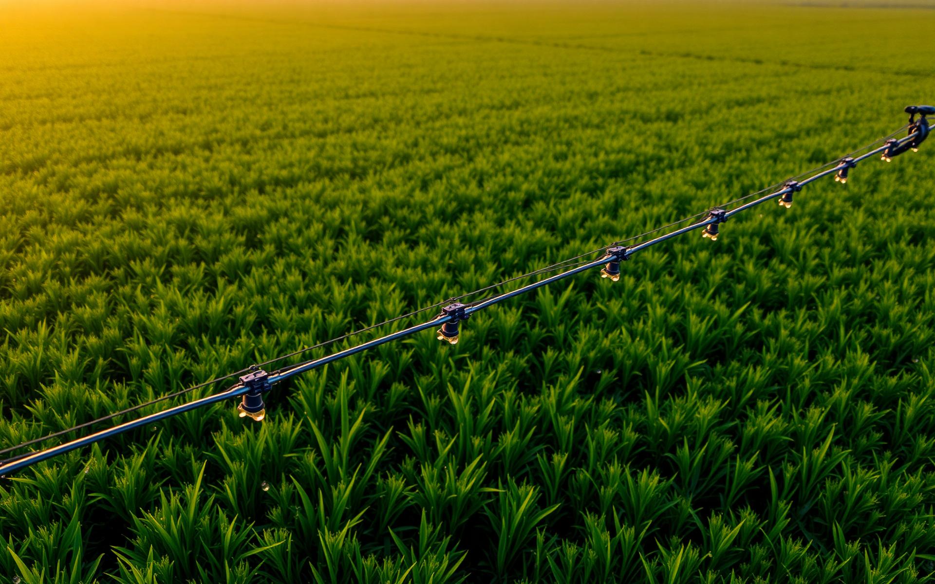 Irrigation moderne dans une exploitation verdoyante au coucher du soleil